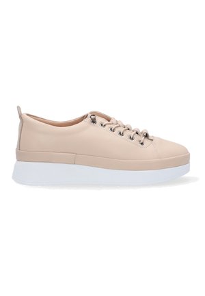 Beige leather sneakers with a rounded toe, white rubber sole, and lace-up design. Features metal eyelets and a soft texture.