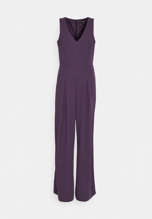 Ærmeløs mørkelilla jumpsuit med V-hals, skræddersyet talje, bukseben med vidde og lynlås i ryggen.
