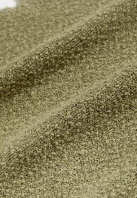 Texturovaná tkanina olivově zelené barvy s tkaným vzorem, vykazující jemný, mírně vyvýšený povrch. Žádné výrazné kování nebo akcenty.