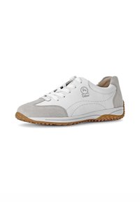 White sneaker with gray suede accents, lace-up design, perforated side detailing, and a textured rubber sole.