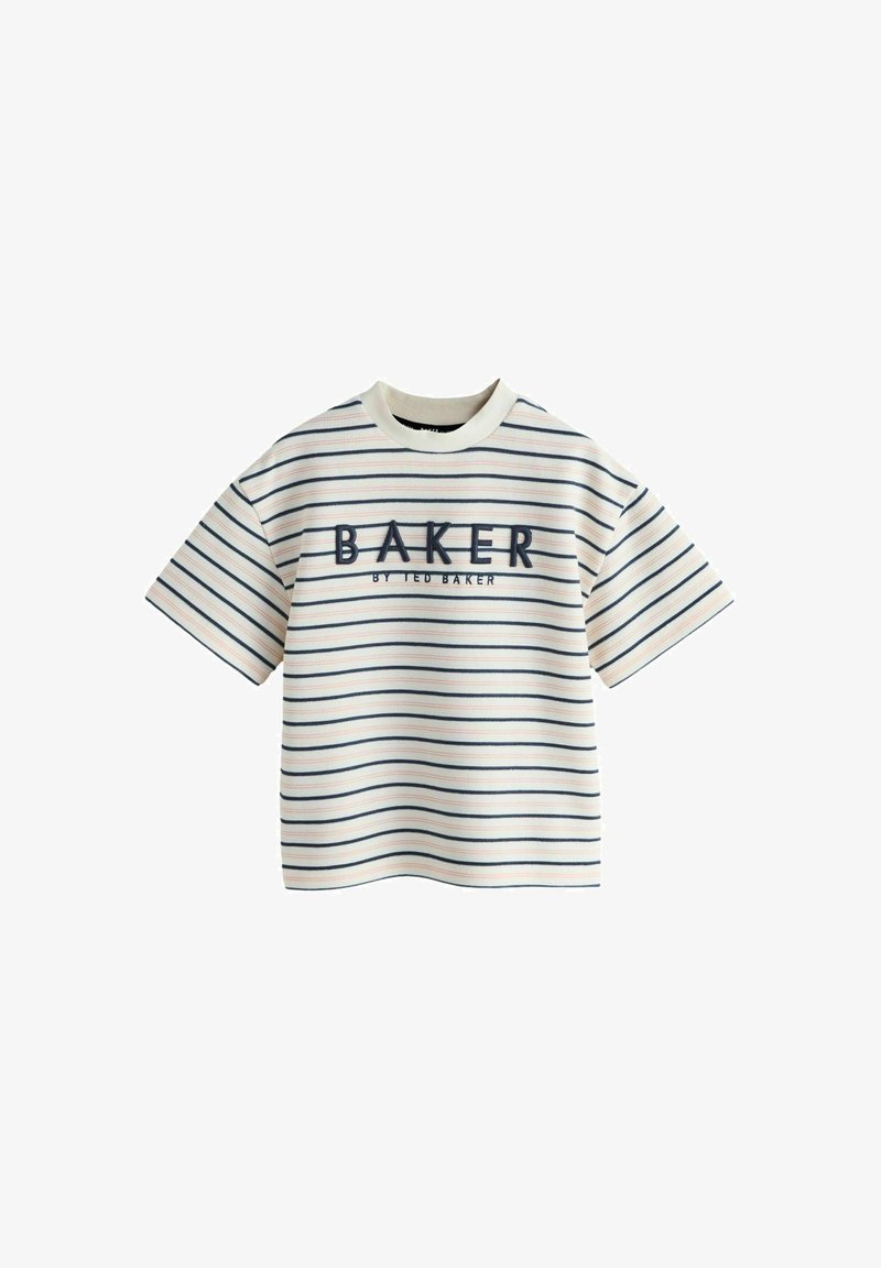 T-shirt a maniche corte a righe in crema con righe blu navy e pastello; presenta il testo "BAKER" in blu con "by TED BAKER" sotto.