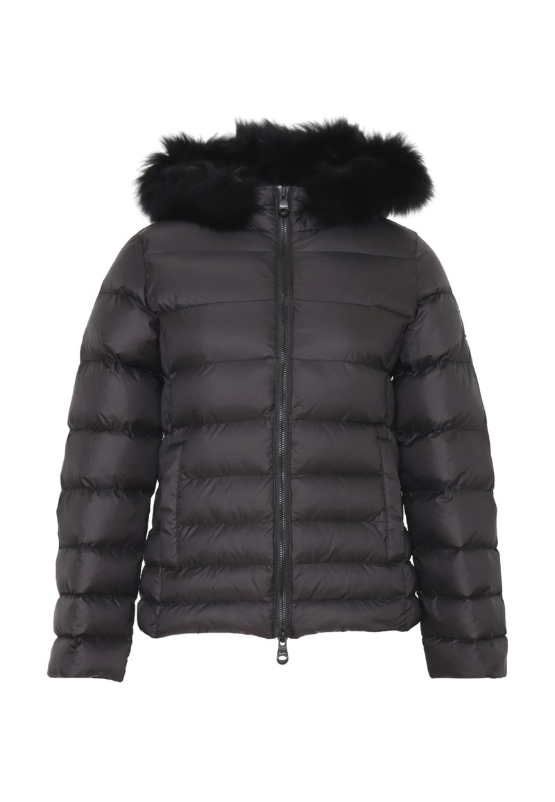 Giubbotto imbottito nero con zip frontale, design a righe orizzontali e cappuccio staccabile in pelliccia sintetica nera. Materiale esterno liscio e lucido.