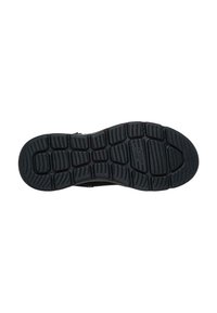 Suela negra de zapato deportivo con diseño de goma texturizada y patrón de cuadrícula para agarre, destacando ranuras de flexión y detalle del logo "S".