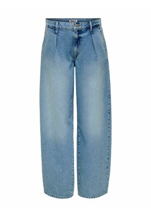 Jeans de tiro alto y pernera ancha en un azul claro, fabricados en denim. Presentan dos pliegues frontales y un cierre de botón clásico. Sin adornos notables.