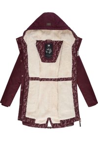 Maroon jacket with a textured faux fur lining. Features a floral-patterned interior, hood, and button closures. Zipper pocket detail present.