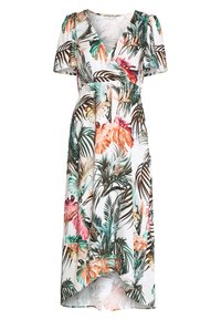 Blommig klänning med V-ringning, korta puffärmar och asymmetrisk fåll. Tillverkad av lätt tyg med gröna och rosa tropiska lövmönster.