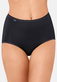 Schwarze, hoch taillierte Slips aus weichem elastischem Stoff mit glatter Textur, einem Spitzenbesatz am Bund und einem kleinen Markenlogo.