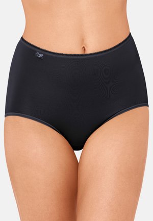 Højttaljede sorte trusser lavet af blødt elastisk stof med en glat tekstur, en blonderkantet linning og et lille brandlogo.