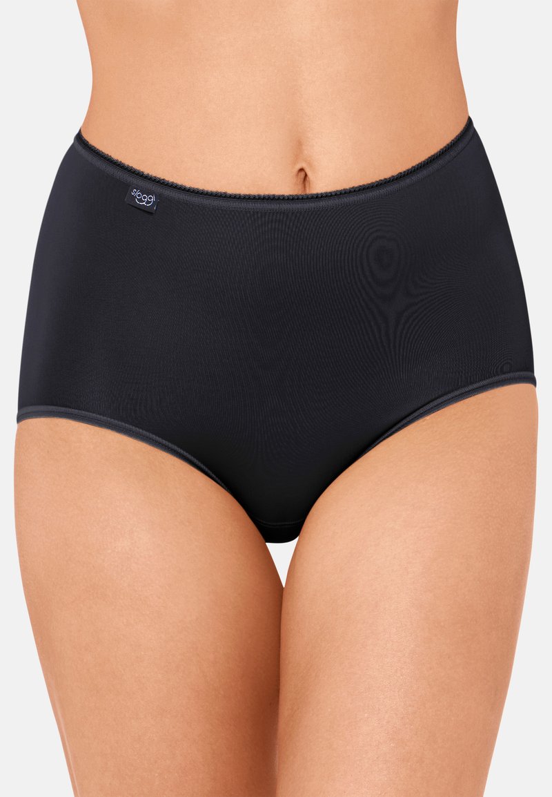 Schwarze, hoch taillierte Slips aus weichem elastischem Stoff mit glatter Textur, einem Spitzenbesatz am Bund und einem kleinen Markenlogo.