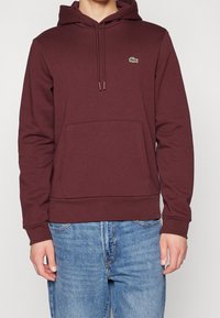 Bordeauxroter Hoodie mit einer Fronttasche, Kordelzugkapuze und einem kleinen grünen Logo auf der Brust. Hergestellt aus einem weichen, strukturierten Stoff.