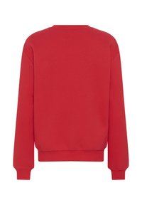Sweat-shirt rouge à manches longues avec col ras du cou, poignets et ourlet côtelés, montré de dos sur un fond blanc.