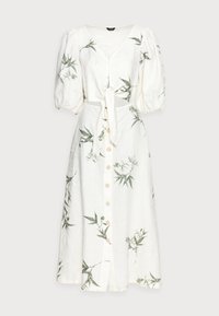 Robe en lin blanche à imprimé floral vert, col en V, manches bouffantes, ceinture à nouer à la taille et fermeture à boutons sur le devant pour un ajustement personnalisé.