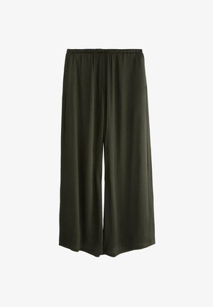 Mørkegrønne bredbenede bukser med elastisk talje og sidelommer, lavet af blødt, flydende stof.