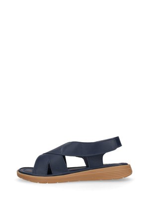 Sandalo aperto in pelle blu navy con suola in gomma color cuoio e cinturino posteriore regolabile, progettato per un uso casual.