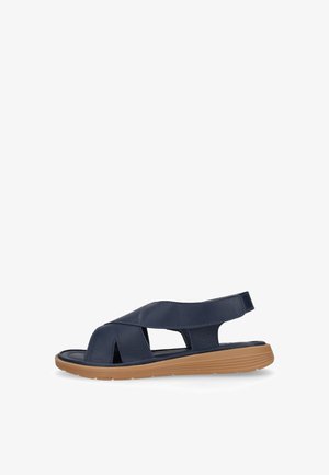 Sandalia de piel azul marino con punta abierta, suela de goma color tostado y correa trasera ajustable, diseñada para uso informal.