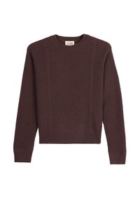 Mörkbrun stickad tröja med rund halsringning, kabelstickat mönster fram, ribbstickade muddar och fåll, märkt GOBI.