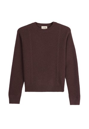 Dunkelbrauner Strickpullover mit Rundhalsausschnitt, Zopfmuster auf der Vorderseite, gerippten Bündchen und Saum, mit dem Etikett GOBI.