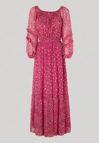 Long pink dress with a floral and geometric pattern, gathered neckline, and semi-sheer long sleeves, featuring an elastic waist and tiered hem.
