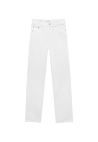 White jeans featuring a straight leg design, made from denim fabric with a smooth texture. Includes metal button and rivet details.
