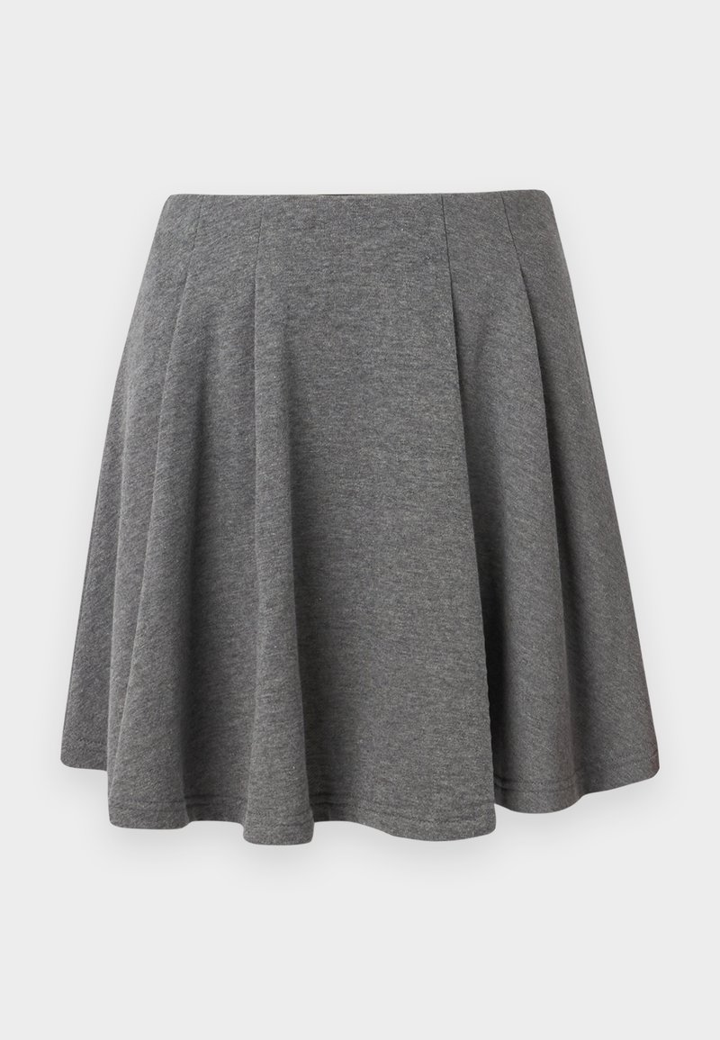 Grau gefalteter Rock aus weichem Stoff, mit einem taillierten Bund und einer ausgestellten Silhouette, glatter Textur und sauberer Verarbeitung.