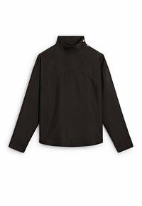 Maglietta nera a maniche lunghe con un collo alto, un design unico con cuciture curve e bottoni sulle spalle. Realizzata in un tessuto morbido con una vestibilità rilassata.