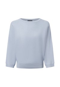 Hellblauer, verkürzter Pullover, gestrickte Textur, weiter Boot-Ausschnitt, Dreiviertelärmel, gerippter Saum, lässiger Schnitt, minimalistisches Design.