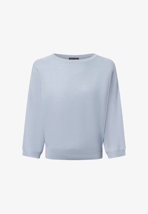 Hellblauer, verkürzter Pullover, gestrickte Textur, weiter Boot-Ausschnitt, Dreiviertelärmel, gerippter Saum, lässiger Schnitt, minimalistisches Design.