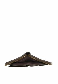 Brown leather wallet with a gold zipper, open to reveal a dark fabric interior. Features a slim design and a smooth texture.