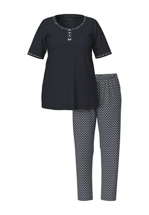 Czarna piżama z krótkim rękawem, zapięcie na guziki przy dekolcie i wzorzyste wykończenie, połączona z czarno-białymi spodniami w geometryczny wzór.