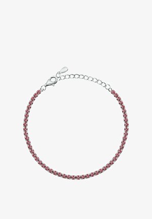 Rhodium-plated bracelet with red crystals, featuring a delicate chain design and a lobster clasp closure.