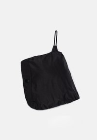 Black foldable bag made of lightweight fabric. Features a drawstring closure and a loop for easy carrying. Smooth texture with no patterns.