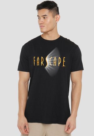 Black cotton t-shirt featuring "FARSCAPE" logo in a bright yellow-orange font with a slight gradient effect and a crew neckline.
