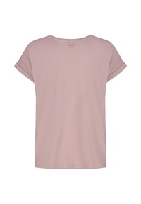 Rosa Kurzarm-T-Shirt mit Rundhalsausschnitt, ausgestattet mit einer glatten Textur und umgeschlagenen Ärmelbündchen. Schlichtes Design mit einem einfarbigen Rücken.