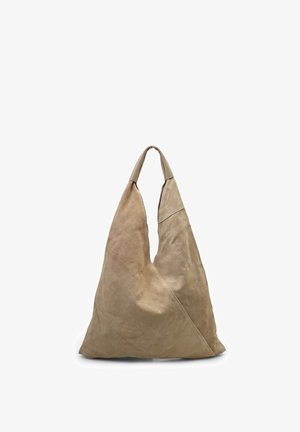 Borsa hobo in suede beige con forma triangolare, dotata di un'unica maniglia corta e dalla consistenza morbida, progettata per un uso casual.