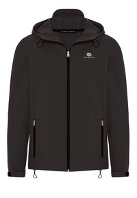 Schwarze Softshelljacke mit Reißverschluss vorne, verstellbare Kapuze, zwei seitliche Reißverschlusstaschen und einem Logo. Merkmale sind eine glatte Textur und ein taillierter Schnitt.