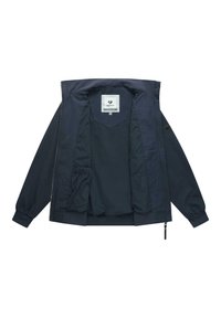 Laivastonsininen vetoketjullinen takki, jossa on joustavat hihansuut, avoin etuosa, jossa näkyy sisätasku, ja ragwear-merkkinen etiketti kauluksessa.