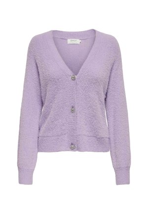 Cardigan lavanda con scollo a V, maniche lunghe, tessuto con texture e tre bottoni decorativi sulla parte anteriore.