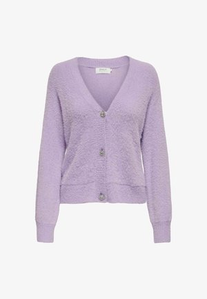 Cardigan lavanda con scollo a V, maniche lunghe, tessuto con texture e tre bottoni decorativi sulla parte anteriore.