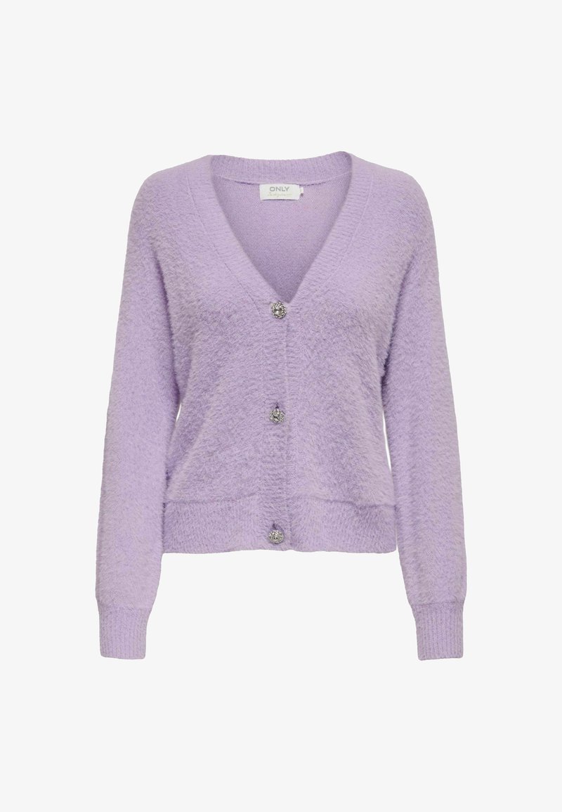 Cardigan lavanda con scollo a V, maniche lunghe, tessuto con texture e tre bottoni decorativi sulla parte anteriore.