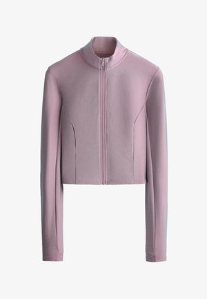 Jasnofioletowa, długorękawowa, krótka kurtka z przednim zamkiem błyskawicznym i wysokim kołnierzem, prezentowana na białym tle.