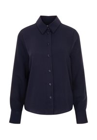 Marineblaues Hemd mit langen Ärmeln, spitzen Kragen und vorderem Knopfverschluss. Glatter Stoff mit leicht glänzender Textur.