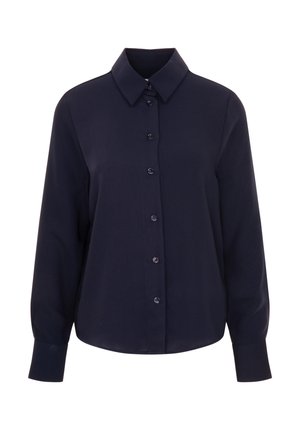 Marineblaues Hemd mit langen Ärmeln, spitzen Kragen und vorderem Knopfverschluss. Glatter Stoff mit leicht glänzender Textur.