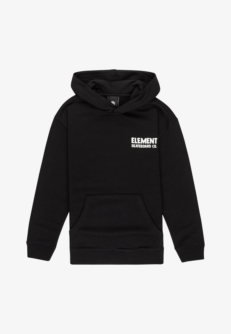 Sweat à capuche noir en coton. Comprend une poche kangourou à l'avant et le logo "ELEMENT SKATEBOARD CO." en blanc sur la poitrine.