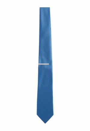 Blue textured necktie with a silver horizontal tie clip centered on the lower half against a white background.