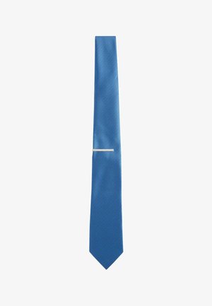 Blue textured necktie with a silver horizontal tie clip centered on the lower half against a white background.
