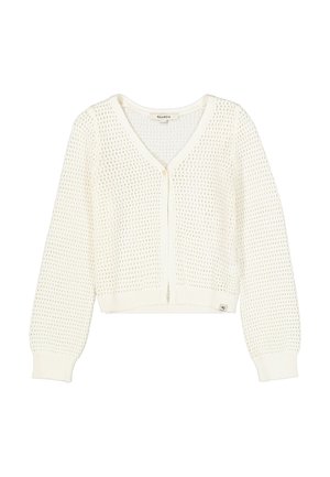 Weißes, kurz geschnittenes Strickjacke mit V-Ausschnitt, gestricktem Muster und Knopfverschluss. Ausgestattet mit gerippten Bündchen und Saum sowie einem kleinen Logodetail.