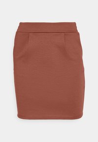 Rostfärgad figurnära kjol i ett jämnt tyg, med hög midja och två framfickor för extra detalj.