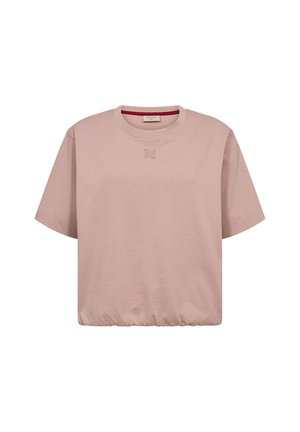 Lichtroze cropped t-shirt met korte mouwen, ronde hals en klein ton-sur-ton logo op de borst tegen een witte achtergrond.