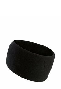 Zwarte stoffen haarband, zachte textuur, wijd design, naadloze afwerking, licht gebogen vorm, geschikt voor diverse sporten en buitenactiviteiten.