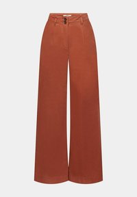 Pantalon à jambes larges couleur orange rouille, avec taille haute, deux poches avant, fermeture à double bouton, et tissu en coton lisse.
